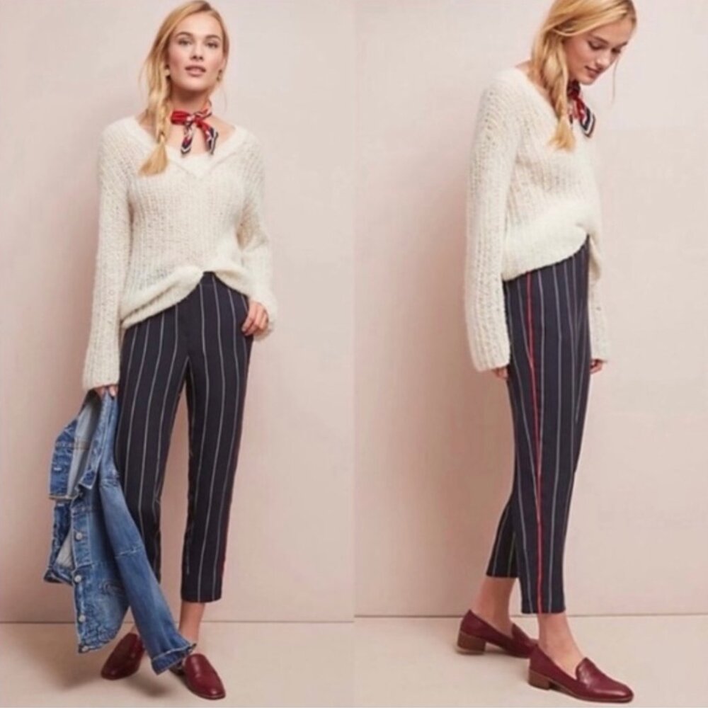 Ett: Twa | Anthropologie Colette Striped Crop Trouser Pant in Navy | Size Small